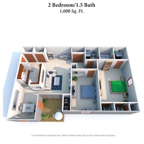 Floor plan for 2 beds, 1.5 baths, 1000 sqft